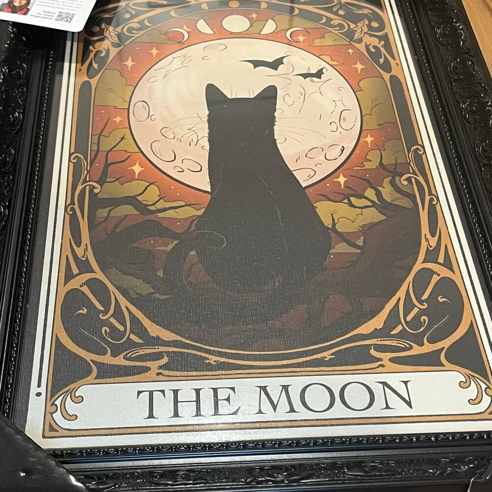 Sapna Shah Halloween Tarot Card ‘The Moon’ Black Cat Framed Wall Art Decor